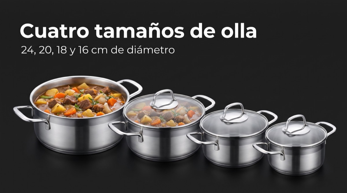 Cuatro tama&ntilde;os de olla de 24, 20, 18 y 16 cm de di&aacute;metro, la mayor llena de guiso