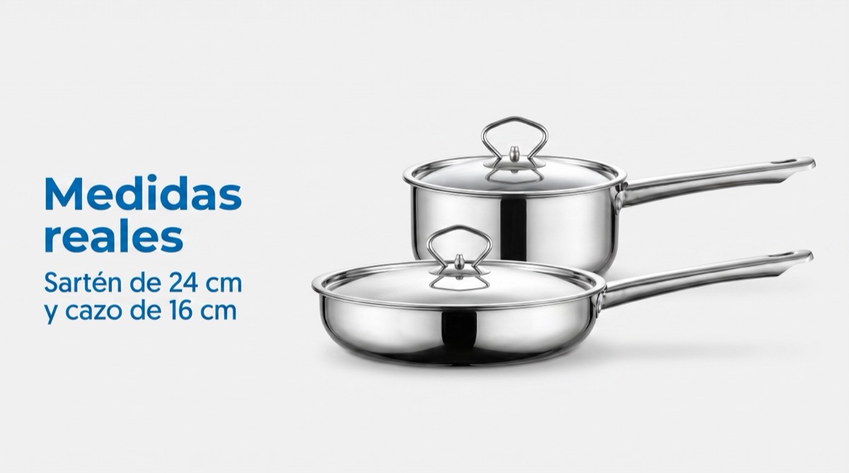 Medidas reales de la sart&eacute;n de 24 cm y el cazo de 16 cm vistos de perfil