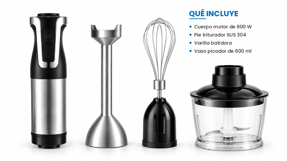 Contenido de la caja: cuerpo motor de 800 W, pie triturador, varilla batidora y vaso picador de 600 ml