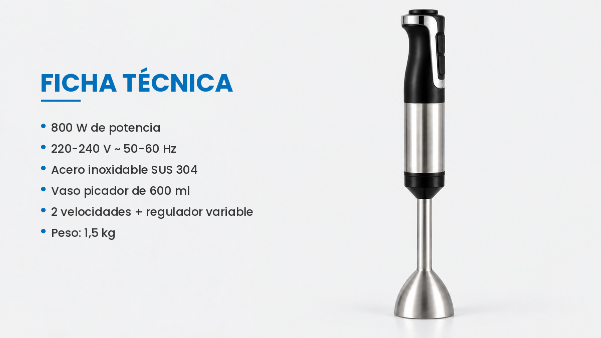 Ficha técnica de la batidora de mano 3 en 1: potencia, tensión, materiales, capacidad y peso