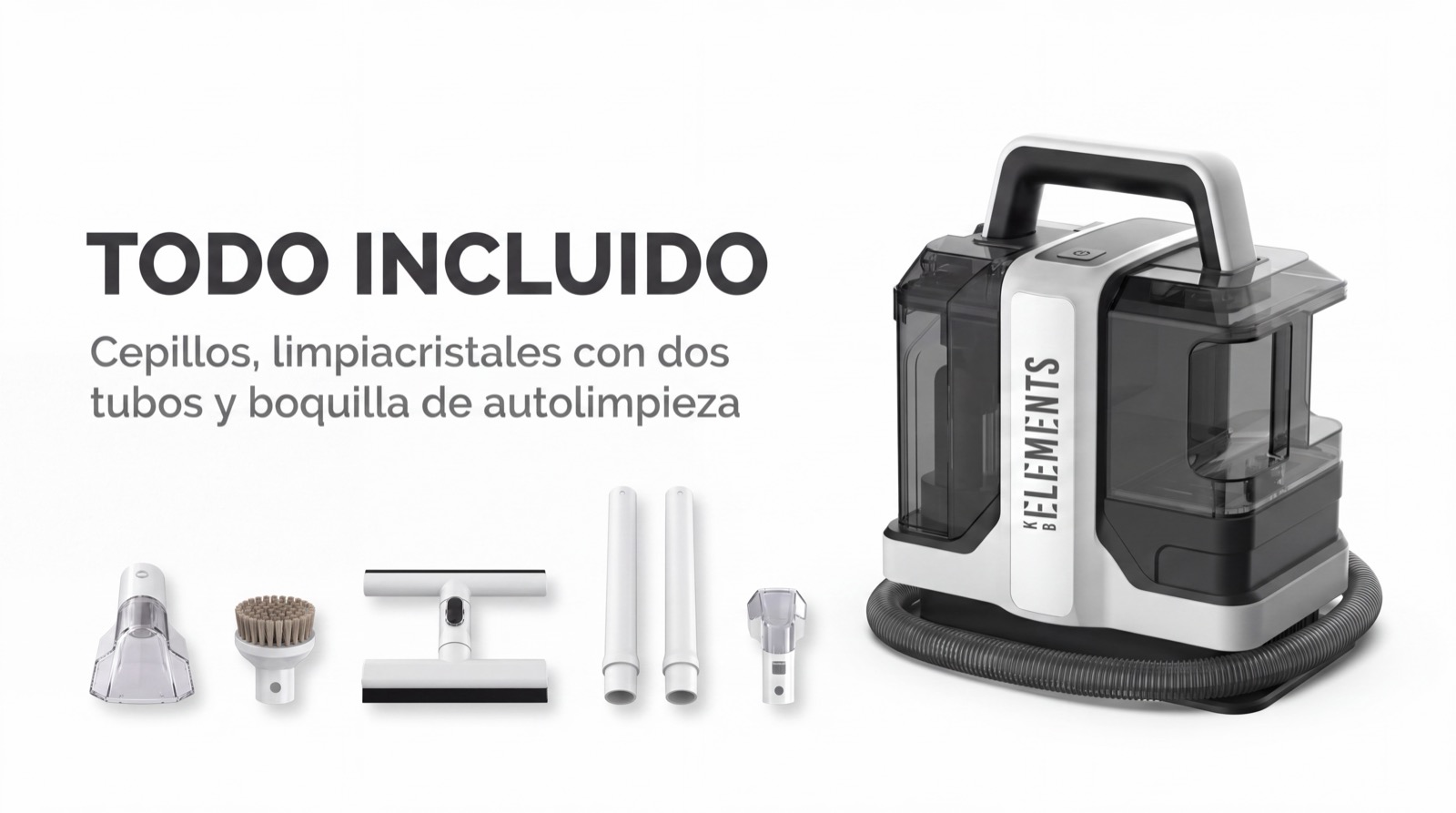 Limpiador de tapicerias con cepillos, limpiacristales, dos tubos extensores y boquilla de autolimpieza incluidos