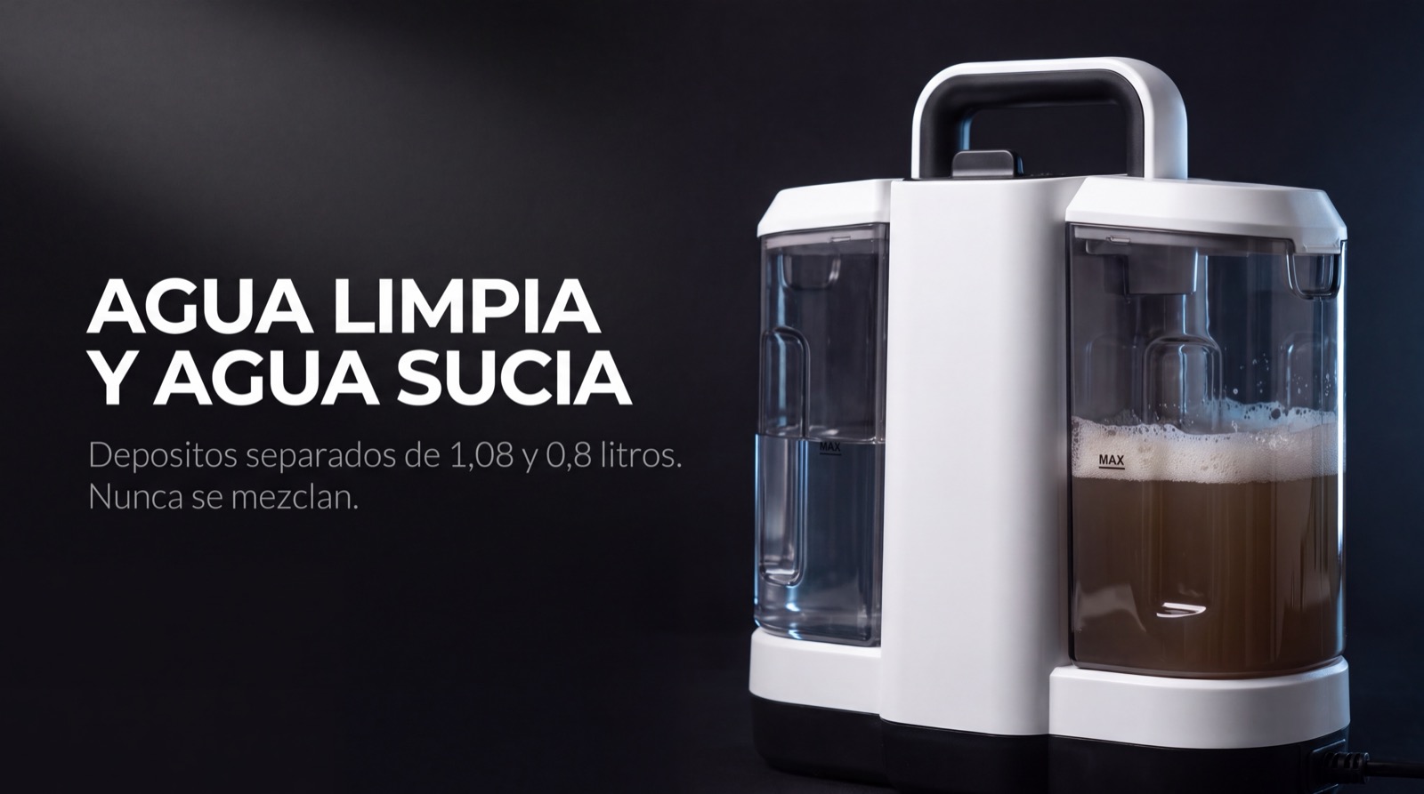 Depositos separados de agua limpia de 1,08 litros y agua sucia de 0,8 litros