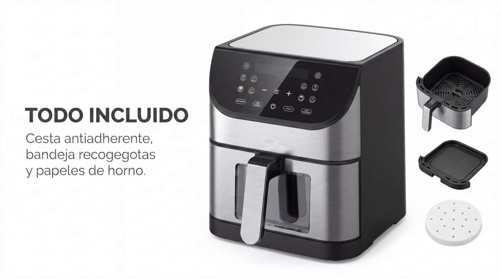 Freidora de aire XXL 8 L con cesta antiadherente, bandeja recogegotas y papeles de horno