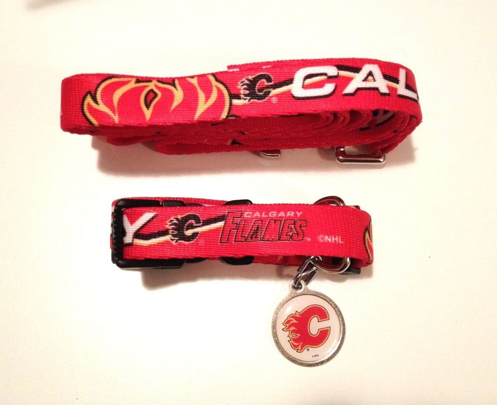 Calgary Flames Dog 3pc Pet Set Leash Collar ID Tag