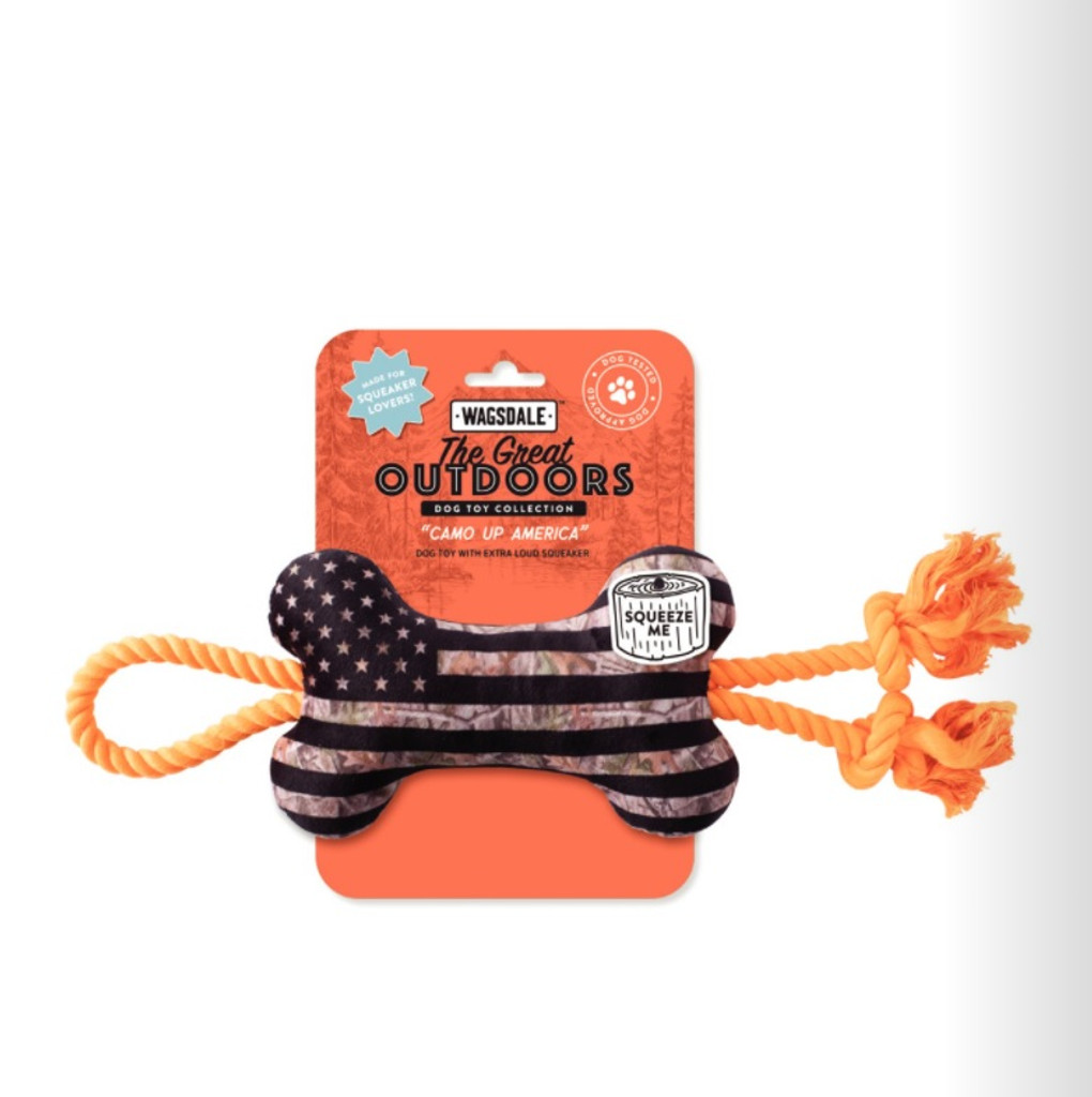 Camo American Flag Bone Dog Toy Premium Plush w/ Rope & Crinkle