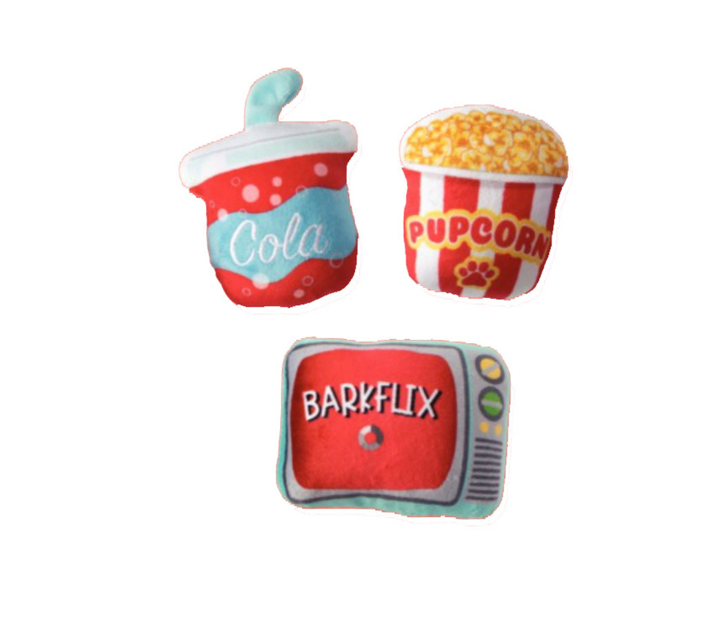 BarkFlix Mini Dog Toy Set Plush TV Movie Popcorn Soda