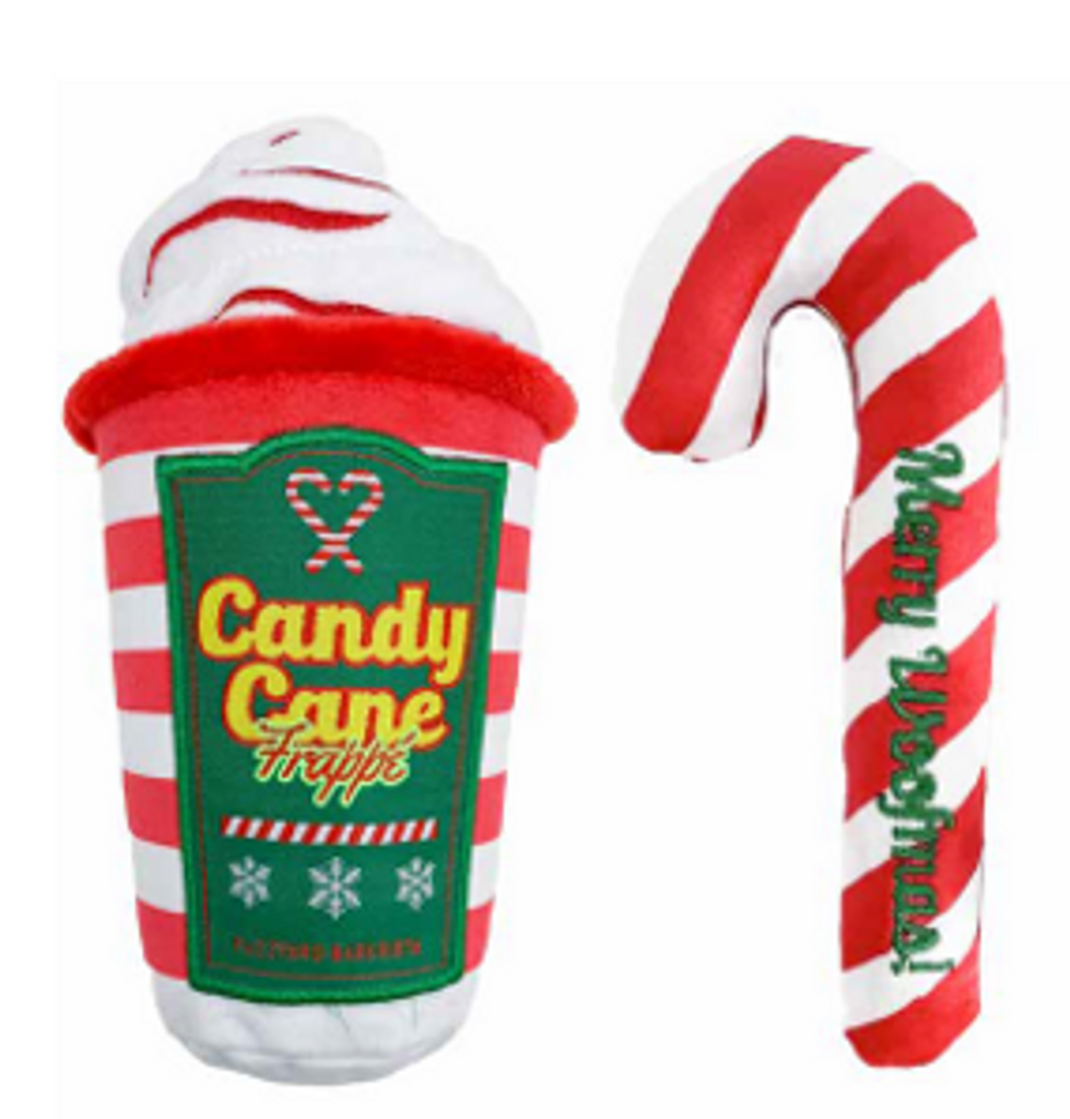 Candy Cane Frappe Dog Toy 2pc Set Christmas Plush Coffee Washable