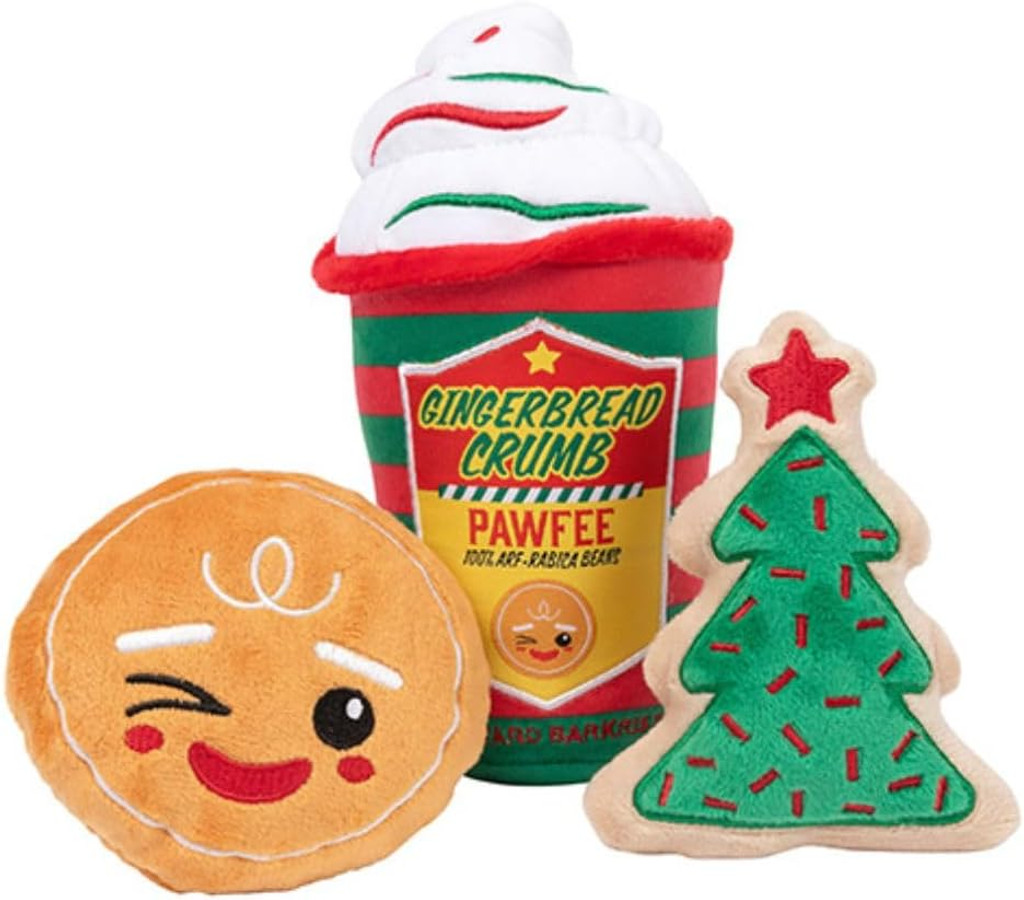 Gingerbread Crumb Dog Toy 3pc Set Christmas Plush Coffee & Cookies