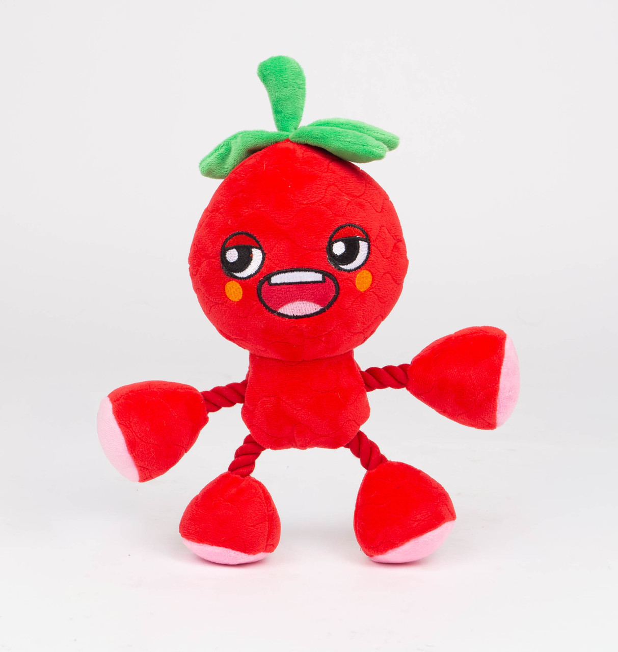 Cherry Dog Toy Ropez Fruit Premium Plush w/ Squeaker & Pull Through Rope