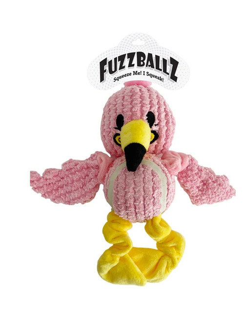 Fuzzballz Flamingo Dog Toy Tennis Ball w/ Plush Bungee Limbs Squeaker