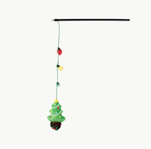 Christmas Tree Stick Cat Toy Teaser Plush w/ Bungee Cord & Crinkle