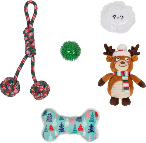 Happy Pawlidays Dog Toy Christmas Stocking 5pc w/ Snowball Reindeer +