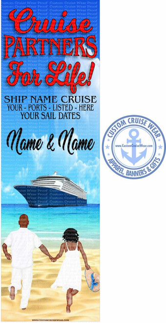 Cruise Partners Ship at Sea Couple On Beach with Cruise Info BANNER