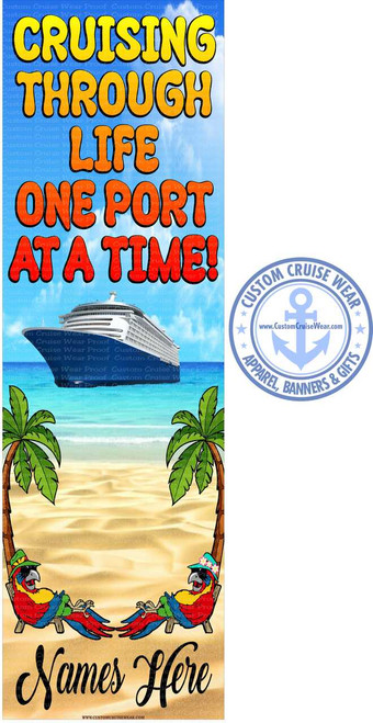 Cruising Through Life One Port At A Time Parrots Lounging on Beach BANNER