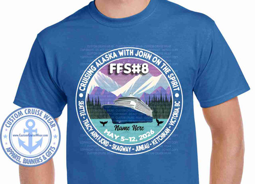 A round designs of purples and blues showing an alaska scene with mountains.  There is a ship in the center with FFS 8 on top and the cruise itinerary around the circle.