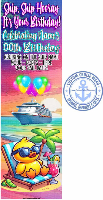 Ship, Ship Hooray Birthday Neon Beach with Cute Duck with Drink on Beach BANNER