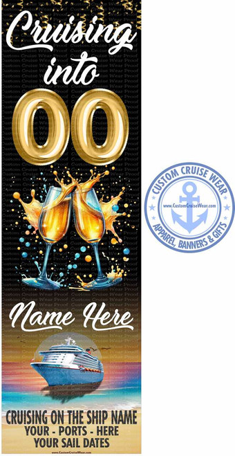 Birthday Cruising Into Champagne Glasses with Beach Scene BANNER