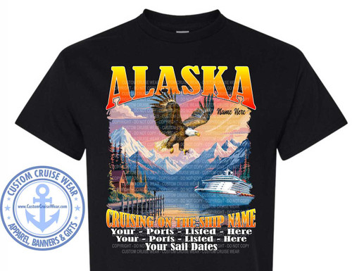 Alaska waterfront scene with Alaska written in yellow and red text at the top with a large eagle holding the word FFS8 in the middle.  There is a ship on the right hand side and the cruise itinerary listed at the bottom
