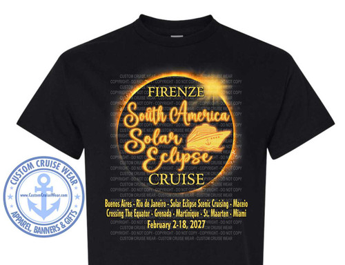 Black shirt with yellow and orange print reflecting a solar eclipse.  Says Firenze South America Solar Eclipse cruise with the itinerary and sail dates