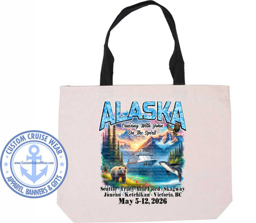 Alaska mountains with a beach has bear on bank, whale in water with a blue ship in the center.  Alaska across the top with the cruise itinerary and sail dates on a tote Bag