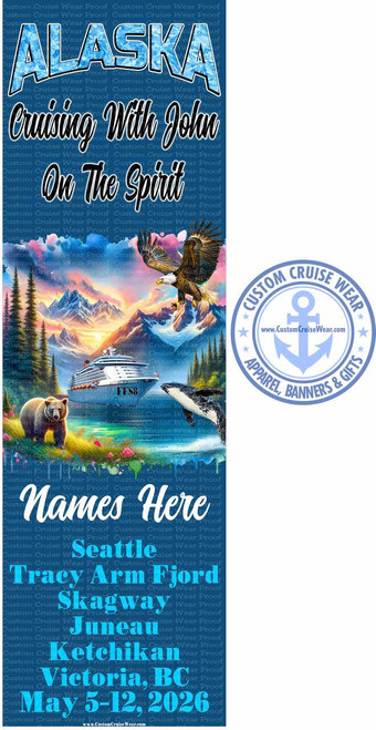 Alaska mountains with a beach has bear on bank, whale in water with a blue ship in the center.  Alaska across the top with the cruise itinerary and sail dates Banner