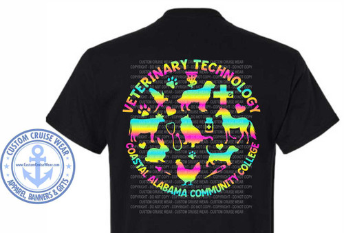 This T-shirt is a custom design for the Veterinary Technology program at Coastal Alabama Community College, made by the apparel company Custom Cruise Wear. The design on the back features rainbow-colored silhouettes of various animals, including a cow, horse, pig, cat, and dog, with a paw print detail. 