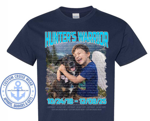 The image depicts a navy blue t-shirt. The central focus is a design printed on the shirt. This design consists of a photo of a young child, appearing to be a boy, holding a dog. The boy is smiling widely, suggesting a joyful interaction with the dog. Above the photo, the words "HUNTER'S WARRIOR" are displayed in a bold, stylized font, outlined in a light blue color with a white inner border. The words are arched slightly.

On either side of the boy's head, white angel wings have been added to the image. Below the photo, the dates "10/24/18 - 12/08/25" are printed in the same light blue, stylized font as the text above, also outlined in white. These dates likely represent a period of time, perhaps a birth and passing date.