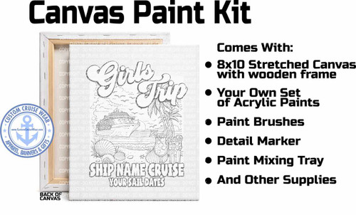 The image displays a "Canvas Paint Kit" with a predominantly black and white color scheme, accented by a touch of blue in a logo.

At the top of the image, bold black text reads "Canvas Paint Kit". To the right of this title is a list of items included in the kit, presented with black text and bullet points. The list begins with "Comes With:", followed by "8x10 Stretched Canvas with wooden frame", "Your Own Set of Acrylic Paints", "Paint Brushes", "Detail Marker", "Paint Mixing Tray", and "And Other Supplies". The text has a clean, sans-serif font.

The main visual element is a stretched canvas on the left side of the image, showcasing a detailed line drawing with subtle gray shading. The drawing depicts a tropical cruise scene. The words "Girls Trip" are written in a playful, script-like font across the upper portion of the canvas. Below this, a large cruise ship is sailing on the water. The background features clouds and seagulls in the sky. The foreground of the canvas shows a beach with palm trees, lounge chairs, tropical drinks in glasses, and various seashells scattered on the sand. There are also spaces on the sand labeled "SHIP NAME CRUISE" and "YOUR SAIL DATES", suggesting this is a customizable paintable design. Faint, repeating "COPYRIGHT - DO NOT COPY" text is watermarked across the canvas, in a light gray.

In the lower left corner of the canvas, there is a circular logo with a blue anchor symbol at its center. The text around the anchor reads "CUSTOM CRUISE WEAR" in the upper arc and "APPAREL, BANNERS & GIFTS" in the lower arc. Below the anchor, the website "www.CustomCruiseWear.com" is displayed. The logo also has small blue stars accenting the circular border.

The composition places the product title and contents list on the right, balancing the visual of the canvas on the left. The canvas is positioned at a slight angle, showing the front design and a sliver of its wooden frame. The lighting appears to be even, highlighting the details without harsh shadows. The overall presentation is clear and informative, advertising the contents and design of the paint kit.