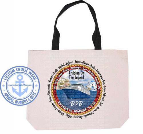 The image is a close-up of a cream-colored tote bag against a white background. The tote bag has two black fabric handles. The main design is printed in the center of the bag and is circular in composition.

The circular design features a large cruise ship in the foreground, with a backdrop of coastal scenery. The scenery includes buildings with terracotta roofs, and a white building with a blue dome, possibly a church, is visible on the right side. The water in front of the ship is a deep blue.

Above the ship and scenery, in bold white text, is the phrase "Cruising On The Legend". Below the ship, in a smaller, stylized font, are the letters "B5B". Further below this, also in white text, is the date "SEPTEMBER 20 - NOVEMBER 16, 2026".

The circular design is framed by a rope motif, and around the outer edge of the rope, a list of locations is printed in dark text. These locations appear to be cruise destinations, including: Civitavecchia, Kusadasi, Italy, Turkey, Kavala, Greece, Croatia, Montenegro, Spain, Gibraltar, Naples, Bermuda, USA, Corfu, Kotor, Dubrovnik, Split, Split, Naples, Malaga, Cartagena, Tampa. Some of these are repeated in a reverse order.

To the left of the main circular design is a separate circular logo for "CUSTOM CRUISE WEAR". This logo is blue and white. It features an anchor symbol in the center with the website "www.CustomCruiseWear.com" below it. Around the anchor are stars and the words "CUSTOM CRUISE WEAR", "APPAREL, BANNERS & GIFTS".

The entire tote bag surface is covered with a faint, repeated pattern of "CUSTOM CRUISE WEAR" and "COPYRIGHT - DO NOT COPY" in a light gray, watermarked-like text. This pattern is subtle and does not detract from the main design.

The overall color palette is dominated by the cream of the bag, the white and blue of the logos and text, and the darker tones of the cruise ship, scenery, and destination names. The composition is well-balanced, with the main design centrally placed and the branding on the left.