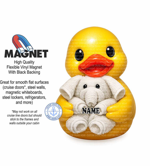 The image is a product advertisement for a customizable magnet. The main subject is a bright yellow rubber duck toy, with a plush white elephant toy nestled in its arms. The duck has large, black, round eyes and an orange beak. The elephant is depicted with its trunk curled up, and its white plush material shows texture and folds, suggesting softness. The word "NAME" is prominently displayed in bold, black, capitalized letters across the elephant's chest, indicating a customizable area.

To the left of the rubber duck is a graphic of a horseshoe magnet, colored red and blue, with the word "MAGNET" in large, bold, black sans-serif font positioned beneath it. Further down, in smaller black text, is descriptive information: "High Quality Flexible Vinyl Magnet With Black Backing" and "Great for smooth flat surfaces (cruise doors, steel walls, magnetic whiteboards, steel lockers, refrigerators, and more)". A disclaimer "May not work on all cruise line doors but should stick to the frames and walls outside your cabin" is also present.

In the lower left quadrant, a circular logo is visible. It features a blue anchor in the center, surrounded by a ring of stars and the text "CUSTOM CRUISE WEAR" and "APPAREL, BANNERS & GIFTS" with "www.CustomCruiseWear.com" below the anchor. The entire right side of the image, encompassing the rubber duck and elephant, is overlaid with a semi-transparent watermark consisting of repeating text that reads "COPYRIGHT - DO NOT COPY - CUSTOM CRUISE WEAR".

The overall composition is clean and focused on product presentation. The background is entirely white, making the yellow duck and the text elements stand out clearly. The colors are vibrant, with the yellow of the duck and the red and blue of the magnet being the most prominent. The image is well-lit, with soft shadows that give depth to the toys. The composition places the main product and its branding on the right and the descriptive text and logo on the left, creating a balanced layout.