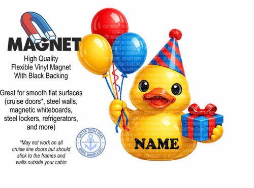 The image is a promotional graphic for a magnet. The main visual element is a cartoonish yellow duck dressed as a baseball player. The duck is wearing a red and white baseball cap with the word "NAME" in black, a white baseball jersey with red pinstripes, and is holding a wooden baseball bat in its right hand. Its left hand is extended, wearing a brown baseball glove which is holding a white baseball with red stitching. The duck has large, circular black eyes and an orange beak.

To the left of the duck, the word "MAGNET" is displayed prominently in large, bold, black sans-serif font. Above "MAGNET" is a stylized image of a red and blue horseshoe magnet. Below the word "MAGNET", smaller black text reads "High Quality Flexible Vinyl Magnet With Black Backing".

Below the duck and the magnet graphic, there is a block of black text describing the product's use: "Great for smooth flat surfaces (cruise doors, steel walls, magnetic whiteboards, steel lockers, refrigerators, and more)". Below this, a footnote is provided in smaller black text: "May not work on all cruise line doors but should stick to the frames and walls outside your cabin".

In the bottom left corner, there is a circular logo for "CUSTOM CRUISE WEAR". The logo is blue and white, featuring an anchor symbol in the center surrounded by stars and the text "CUSTOM CRUISE WEAR", "APPAREL, BANNERS & GIFTS", and "www.CustomCruiseWear.com".

The background of the entire image is white. The composition places the duck as the central figure, with the text and graphics arranged around it to convey product information. The colors are bright and clear, with yellow, red, blue, white, brown, and black being the dominant colors. The image has a playful and informal tone, suitable for promotional material. Numerous semi-transparent watermarks with the text "COPYRIGHT - DO NOT COPY - CUSTOM CRUISE WEAR" are overlaid on parts of the image, particularly on the duck and the baseball bat.