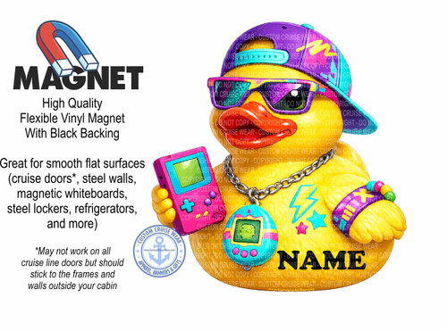 The image is a promotional graphic for a "MAGNET" product. The top left section features a stylized, bold black word "MAGNET" above a graphic of a red and blue horseshoe magnet. Below the word "MAGNET" are lines of text describing the product: "High Quality", "Flexible Vinyl Magnet", and "With Black Backing". The lower left portion contains additional descriptive text starting with "Great for smooth flat surfaces" followed by a list of potential applications like "cruise doors, steel walls, magnetic whiteboards, steel lockers, refrigerators, and more)". A smaller text box below that clarifies, "May not work on all cruise line doors but should stick to the frames and walls outside your cabin".

The right side of the image is dominated by a whimsical illustration of a yellow rubber duck character. This duck is depicted with accessories suggesting a hip-hop or gamer aesthetic. It's wearing a purple baseball cap with the brim tilted to the side and a light blue visor. The duck also sports oversized purple and yellow sunglasses with decorative patterns. Around its neck is a thick silver chain. In its left hand, it holds a pink handheld video game console, and on its right arm, it wears a colorful bracelet with beads and a purple cuff. The duck itself has a cheerful expression, with its beak open slightly. Faint lightning bolt and star shapes are visible on its body, adding to the playful design.

Overlaying the entire image, particularly across the duck character, are numerous translucent repeating watermarks of the text "CUSTOM CRUISE WEAR - DO NOT COPY - COPYRIGHT".

In the bottom right corner, a circular logo for "CUSTOM CRUISE WEAR APPAREL, BANNERS & GIFTS" is present. This logo features an anchor symbol within a circle, surrounded by stars and the text. Finally, the word "NAME" in bold black lettering appears prominently in the lower right section of the duck illustration, implying that the magnets can be personalized.

The overall color palette is bright and vibrant, with strong contrasts. The yellow of the duck, the purple and blue of the accessories, and the red and blue of the magnet all stand out against the white background. The composition is divided into a text-heavy informational area on the left and a visually engaging illustrative area on the right, with the logo and the word "NAME" bridging these sections.