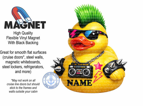 The image displays a promotional graphic for a "MAGNET" with a playful and edgy design. On the left side, there is a bold black text that reads "MAGNET" with a cartoon illustration of a red and blue horseshoe magnet positioned above and slightly to the left of the text. Below the word "MAGNET," smaller text describes the product as "High Quality Flexible Vinyl Magnet With Black Backing." Further down, more descriptive text in black states, "Great for smooth flat surfaces (cruise doors, steel walls, magnetic whiteboards, steel lockers, refrigerators, and more)" and a footnote "May not work on all cruise line doors but should stick to the frames and walls outside your cabin."

The right side of the image is dominated by a cartoon illustration of a yellow rubber duck with a punk-rock aesthetic. The duck has a vibrant green mohawk, black sunglasses with blue-tinted lenses, and a silver chain with a boombox pendant around its neck. It also wears spiked wristbands on both arms, one of which is more prominently visible on the left arm. A bright pink lightning bolt is depicted behind the duck's head. The word "NAME" is emblazoned in large, bold black letters across the duck's chest.

There are numerous semi-transparent watermark-like phrases overlaid on the duck's body, primarily repeating "COPYRIGHT - DO NOT COPY - CUSTOM CRUISE WEAR". A circular emblem with the words "CUSTOM CRUISE WEAR APPAREL, BANNERS & GIFTS" and an anchor icon is positioned on the lower left side of the duck. The background of the entire image is white, emphasizing the product and its promotional elements. The overall color palette is dominated by yellow, green, red, blue, black, and pink, creating a lively and eye-catching composition. The layout divides the information into distinct sections: product identification and description on the left, and a stylized product representation with branding on the right.
