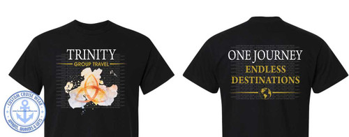 This image showcases two black t-shirts, likely intended for group travel, with distinct designs on the front and back. The t-shirts are presented side-by-side, with the front design on the left and the back design on the right.

The left t-shirt, displaying the front design, has the word "TRINITY" prominently printed in large, white, sans-serif font across the upper chest. Below "TRINITY," in smaller yellow text, is "GROUP TRAVEL." To the left of the text, a circular emblem is visible, featuring a blue anchor symbol within a white circle, surrounded by blue stars and text that reads "CUSTOM CRUISE WEAR" and "APPAREL, BANNERS & GIFTS." The emblem also includes a website address. Below "GROUP TRAVEL," there is a watercolor-like graphic in muted yellows and oranges. This graphic appears to depict abstract shapes, possibly representing a stylized map or compass rose with intersecting lines and circular elements, all rendered with a textured, painted effect. The background of the t-shirt design, particularly around the graphic and text, is filled with a subtle, repeating watermark of "COPYRIGHT - DO NOT COPY - CUSTOM CRUISE WEAR" in a faint gray, almost invisible to the naked eye unless viewed closely.

The right t-shirt displays the back design. The main textual elements are arranged vertically. The word "ONE" is in large white font, followed by "JOURNEY" in slightly smaller white font. Below this, in a golden-yellow hue, are the words "ENDLESS" and "DESTINATIONS," also in large, bold sans-serif fonts. Similar to the front design, the entire background of the back graphic is filled with the repeating gray watermark of "COPYRIGHT - DO NOT COPY - CUSTOM CRUISE WEAR." At the very bottom of the back design, a small, golden-yellow outline of a globe with lines of longitude and latitude is present.

The overall color palette is dominated by black for the t-shirts, with white and golden yellow used for the text and graphics. The watercolor graphic on the front introduces softer, more organic tones of yellow and orange. The composition is straightforward, with the two t-shirts placed in a way that clearly separates and highlights the front and back designs. The focus is entirely on the apparel and its printed motifs. The lighting is even, suggesting a studio or well-lit environment, with no harsh shadows. The image is clean and well-executed, designed to showcase the product clearly.
