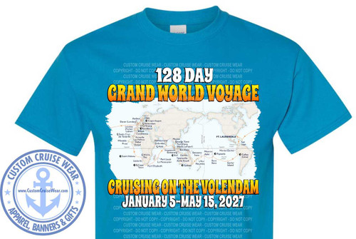 The image is a close-up, front-facing view of a light blue t-shirt. The t-shirt is folded, with the collar and sleeves visible. The center of the t-shirt is dominated by a graphic design.

The graphic features a stylized world map in muted tones of beige, white, and light grey, with an orange outline. A dotted orange line traces a cruise ship's route across the map, starting from Fort Lauderdale, USA, and traveling across the Atlantic, around Africa, through Asia, and across the Pacific, ending back in Fort Lauderdale. Numerous ports of call are marked on the map with small black dots and labels, including cities like Aarhus, Oslo, Copenhagen, Lisbon, Casablanca, Cape Town, Singapore, Bali, Darwin, Sydney, Easter Island, Papeete, and San Juan.

Above the map, large, bold, orange letters with a yellow outline spell out "GRAND WORLD VOYAGE." The letters have a distressed, textured appearance. Centered above "GRAND WORLD VOYAGE" in a smaller, white, sans-serif font, is the text "128 DAY".

Below the map, in large, bold, orange letters similar to those above, are the words "CRUISING ON THE VOLENDAM." Directly beneath this, in a smaller, white, sans-serif font, are the dates "JANUARY 5 - MAY 15, 2027".

On the left side of the t-shirt, a circular emblem is positioned over the graphic. This emblem is primarily light blue with white text and a white anchor icon. The text around the emblem reads "CUSTOM CRUISE WEAR" in a curved, upward arc above the anchor and "APPAREL, BANNERS & GIFTS" in a curved, downward arc below the anchor. Within the emblem, below the anchor, is the website address "www.CustomCruiseWear.com". The emblem also features star shapes on either side of the anchor.

The entire graphic area on the t-shirt is overlaid with a semi-transparent watermark consisting of repeating text that reads "CUSTOM CRUISE WEAR - CUSTOM CRUISE WEAR - CUSTOM CRUISE WEAR" and "COPYRIGHT - DO NOT COPY" in a light grey color. This watermark is subtle and appears in multiple rows.

The t-shirt itself is a solid, light blue color. The lighting is bright and even, highlighting the details of the graphic. The composition focuses on the t-shirt and its printed design.