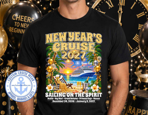 The image features a black t-shirt with a large, vibrant graphic design centered on the chest, promoting a "New Year's Cruise 2027". The t-shirt is worn by a person whose upper body is visible, but their face is obscured. The background is dark and festive, adorned with balloons in gold, black, and clear, as well as glittering lights and a large, classic clock face with Roman numerals, indicating a New Year's celebration.

The central graphic depicts a tropical beach scene at sunset or sunrise. Dominating the scene is a large, white cruise ship sailing on the ocean. In the foreground, a beach chair with striped cushions and a straw hat are set up on the sand. Next to the chair, a beach bag with a nautical theme is visible. A bottle of champagne and two champagne flutes are also present, suggesting a celebratory mood. There are hibiscus flowers, palm fronds, starfish, and sparkling disco balls scattered around the beach area, enhancing the tropical and festive ambiance.

The text elements are prominent and eye-catching. At the top, "New Year's" is written in large, glittery gold letters with a textured appearance. Below this, "CRUISE" is written in a similar style, and then "2027" in large, 3D golden balloons. There's a placeholder for "Name Here" in white text on a dark background. Below the beach scene, the phrase "SAILING ON THE SPIRIT" is written in bold, white, textured capital letters. Underneath this, the cruise details are listed: "Mobile - Key West - Grand Bahama - Princess Cays - Nassau" and the dates "December 26, 2026 - January 3, 2027". A circular logo for "CUSTOM CRUISE WEAR" with an anchor and website address is placed on the left side of the t-shirt.

The color palette is rich, with dominant gold, black, and white, accented by vibrant blues of the ocean, the orange and yellow hues of the sunset/sunrise, and the bright colors of the hibiscus flowers. The overall composition is dynamic and festive, effectively conveying the excitement and luxury of a New Year's cruise. The design is detailed, with subtle textures and lighting effects contributing to its visual appeal. The multiple layers of text and imagery create a layered and engaging graphic.