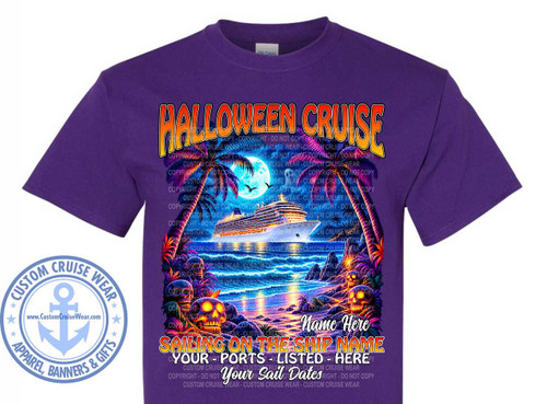 The image displays a dark purple t-shirt with a graphic design printed on the front. The graphic features a Halloween-themed cruise scene.

At the top of the graphic, the words "HALLOWEEN CRUISE" are prominently displayed in large, stylized letters with an orange and yellow gradient, outlined in black.

The main scene depicts a tropical beach at night under a full moon. A large cruise ship is visible in the water, illuminated by its own lights and reflecting on the water's surface. Two small birds are silhouetted against the moon. The water is depicted with gentle waves and a shimmering reflection of the moonlight and ship.

On either side of the scene, stylized palm trees are shown with vibrant, almost neon, purple and orange fronds. In the foreground, on the beach and rocky outcrops, are several skulls with glowing eyes, adding to the Halloween theme. The overall color palette of the scene is rich and saturated, with deep blues, purples, oranges, and yellows, creating a mystical and spooky atmosphere. The moonlight casts a soft glow, illuminating the beach and water.

Below the main graphic, there are lines of text intended for personalization. The first line reads "Name Here" in a cursive font. Below that, in bold, orange letters, is "SAILING ON THE SHIP NAME". Further down, in white text, are the placeholders "YOUR PORTS - LISTED HERE" and "Your Sail Dates".

A circular logo is placed on the left side of the t-shirt, overlapping slightly with the graphic. This logo is light blue and white, featuring an anchor symbol in the center, surrounded by the words "CUSTOM CRUISE WEAR" and "APPAREL, BANNERS & GIFTS". The website "www.CustomCruiseWear.com" is also visible within the logo.

The entire graphic area is overlaid with a semi-transparent watermark pattern that reads "COPYRIGHT - DO NOT COPY - CUSTOM CRUISE WEAR" repeated numerous times. The t-shirt itself is a plain, dark purple Gildan brand t-shirt.