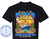 The image displays a black t-shirt with a graphic design printed on the front. The design is centered and occupies a significant portion of the t-shirt's chest area.

The main theme of the graphic is a New Year's celebration at sea. At the top, the text "Ringing In The" is written in an elegant, white, cursive font. Below this, the words "NEW YEAR AT SEA" are prominently displayed in large, bold, blue letters with a gradient effect, fading to a lighter blue at the bottom. The letters have a slight 3D appearance and are outlined in white.

Beneath "NEW YEAR AT SEA," the year is represented by large, golden, balloon-like numerals "20XX." These balloons are shiny and reflect light. The background behind the year and the "NEW YEAR AT SEA" text appears to be a stylized depiction of a clock face, possibly a ship's clock, with intricate golden patterns and what looks like a compass rose in the center. Bursting fireworks in yellow and orange hues are visible on either side of the clock face and the year balloons, adding to the celebratory atmosphere.

In the lower half of the design, a white cruise ship is depicted sailing forward. Flanking the ship are two palm trees, one on each side, with green fronds. In front of the ship, and slightly to the right, is a bucket filled with ice, containing several champagne bottles and glasses, ready for a toast.

Below the ship and the champagne display, there are two sets of wooden signposts. Each signpost has two wooden planks with text that appears to be placeholder names for ports. The text on these signs is written in a rugged, light brown font. The top plank of the left sign reads "PORT NAME," and the bottom plank also reads "PORT NAME." The same is repeated for the right signpost.

At the very bottom of the graphic, the text "CRUISING ON THE SHIP NAME" is written in large, blue, bubbly letters, similar in style to "NEW YEAR AT SEA," but with a slightly different font. Below this, in a smaller, white font, is the phrase "Your Sail Dates Here."

On the left side of the t-shirt, towards the bottom, there is a circular logo that reads "CUSTOM CRUISE WEAR" in a blue, arc-shaped text around the perimeter. Inside this text, there is a stylized anchor in a lighter shade of blue, and below the anchor, the website "www.CustomCruiseWear.com" is written. The bottom arc of the logo contains the text "APPAREL, BANNERS & GIFTS."

The overall color palette consists of black from the t-shirt, and the design features white, shades of blue, gold, yellow, orange, green, and brown. The composition is well-balanced, with the main text and elements drawing the eye towards the center of the t-shirt. Subtle details include the reflective shine on the gold numerals, the intricate clock face design, and the details on the cruise ship. There are also numerous transparent "COPYRIGHT - DO NOT COPY" watermarks layered across the design, which are not part of the intended graphic but are present in the provided image.