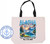 Alaska mountains with a beach has bear on bank, whale in water with a blue ship in the center.  Alaska across the top with the cruise itinerary and sail dates on a tote Bag