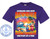 The image shows a purple t-shirt featuring a vibrant and colorful design, most likely for a couple going on a cruise. The design includes the text "Husband and Wife Cruise Partners for Life Cruising Through Life One Port at a Time." The design also incorporates a cruise ship, palm trees, a beach with seashells, and a pair of colorful, cartoon-like birds. There is a blank space for the names. 