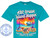 The image is a graphic design for a t-shirt, printed on a bright turquoise shirt. The design features a vibrant tropical scene at sunset, with palm trees silhouetted against an orange and pink sky. A large cruise ship is depicted sailing on calm water. Below the scene, there are three labels with island names: Aruba, Bonaire, and Curacao, each with a small graphic representation. Aruba has a snorkel and mask with seashells, Bonaire has a sea turtle and its young, and Curacao has colorful buildings. The main text at the top reads "ABC Cruise" in large, white, bubbly letters with a black outline, followed by "Island Hoppin'" in a similar script font. Below the island names, in a bold white font, it says "SAILING ON THE HORIZON" and then "APRIL 11-19, 2026". There is also a placeholder for "Name" above the islands. In the lower left corner of the shirt, there is a circular logo with an anchor in the center and the words "CUSTOM CRUISE WEAR APPAREL, BANNERS & GIFTS" around it in shades of blue and white. The entire design is overlaid with a subtle, repeating watermark of "COPYRIGHT DO NOT COPY CUSTOM CRUISE WEAR". The overall color palette is bright and cheerful, dominated by the turquoise of the shirt, the warm tones of the sunset, and the blues and whites of the graphics and text. The composition is layered, with the text and scenic elements arranged to draw the eye towards the center of the shirt.