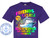 The image displays a purple t-shirt with a graphic design centered on the chest. The design features a large cruise ship sailing on blue water with white foam. To the left of the ship, there are two palm trees. A bright yellow circle, representing a sun, is positioned behind the palm trees.

Above the ship and palm trees, the words "FRIENDS CRUISE" are prominently displayed in large, stylized lettering. "FRIENDS" is colored with a gradient from pink to yellow, while "CRUISE" uses a gradient from blue to green. Below the ship, there are three lines of text indicating customizable information for a cruise. The first line reads "SAILING ON THE SHIP NAME" in a vibrant rainbow gradient. The second line says "YOUR PORTS LISTED HERE" in pink and light blue. The third line, "YOUR SAIL DATES", is in yellow and orange.

In the bottom left corner of the t-shirt, there is a circular emblem with the text "CUSTOM CRUISE WEAR" in blue lettering around the circumference, with smaller stars flanking the top and bottom. Inside this circle, a light blue anchor symbol is centered, and below it, the website address "www.CustomCruiseWear.com" is written in white. The words "APPAREL, BANNERS & GIFTS" are positioned below the emblem, also in blue.

The background of the graphic design on the t-shirt is overlaid with a faint, repeating watermark pattern of the words "COPYRIGHT - DO NOT COPY CUSTOM CRUISE WEAR". The t-shirt itself is a deep purple color, and the Gildan brand label is visible at the neck. The overall composition is bold and colorful, designed to be eye-catching and informative for a group cruise.