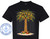 The image displays a black t-shirt with a graphic printed on the front. The graphic features a palm tree decorated for Christmas. The palm tree itself is illuminated with numerous small, multi-colored lights, including warm white, yellow, red, and blue bulbs. It is also adorned with various Christmas ornaments, such as red, blue, and gold baubles, and some star-shaped ornaments. The trunk of the palm tree is wrapped with what appears to be string lights. At the base of the palm tree, situated on a sandy surface, are several wrapped Christmas gifts. These gifts are in various colors, including red, green, and blue, and appear to be tied with ribbons. The entire scene is set against a background that suggests a beach environment, with the sand visible at the bottom. Overlaid on the graphic and the t-shirt are numerous semi-transparent watermarks that read "CUSTOM CRUISE WEAR COPYRIGHT - DO NOT COPY".

In the lower left corner of the t-shirt, there is a circular logo for "CUSTOM CRUISE WEAR". This logo is blue and white, with an anchor symbol in the center. The text "CUSTOM CRUISE WEAR" encircles the anchor, and below that, in a smaller arc, it says "APPAREL, BANNERS & GIFTS". The website address "www.CustomCruiseWear.com" is printed on a white banner across the anchor.

The composition places the Christmas palm tree graphic prominently in the center of the t-shirt. The lighting on the tree creates a festive and warm glow. The sandy base and gifts add to the holiday and tropical theme. The logo in the corner acts as branding for the t-shirt's manufacturer. The overall color palette of the graphic is dominated by the greens of the palm fronds, the warm yellows and whites of the lights, and the bright colors of the ornaments and gifts, all contrasted against the black of the t-shirt. The watermarks are a subtle but pervasive element.