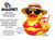 The image is a product advertisement for a flexible vinyl magnet. The main elements are a large, bold text "MAGNET" on the left side, a description of the product's features below it, and a whimsical illustration of a rubber duck character on the right. The background is plain white, creating a clean and focused presentation.

The text "MAGNET" is rendered in a thick, black, sans-serif font, with the word appearing to be slightly embossed or dimensional. Above it, a stylized illustration of a red and blue horseshoe magnet is positioned at an angle.

Below the "MAGNET" text, there is descriptive text detailing the product's attributes. It begins with "High Quality" in a slightly smaller, darker gray font. This is followed by "Flexible Vinyl Magnet With Black Backing" in a medium gray, also in a sans-serif font. Further down, a larger block of text in black explains its suitability: "Great for smooth flat surfaces (cruise doors, steel walls, magnetic whiteboards, steel lockers, refrigerators, and more)". Below this, in a smaller, italicized font and a lighter gray, is a disclaimer: "May not work on all cruise line doors but should stick to the frames and walls outside your cabin".

The illustration on the right features a bright yellow rubber duck character dressed in a red bikini and a straw hat. The hat has a pink band with the word "NAME" in black letters. The duck is wearing large, black sunglasses with a reflective sheen. Its beak is prominent and painted a shiny red. The duck is holding a large, frosted glass filled with an orange-colored beverage. The drink is garnished with a slice of orange, a maraschino cherry, and two red and yellow straws. A small, pink paper umbrella is tucked into the drink. The duck's left hand is partially visible, appearing as a yellow mitten-like shape grasping the glass.

In the bottom left corner of the illustration area, there is a circular blue and white logo with the text "CUSTOM CRUISE WEAR" around the perimeter and an anchor symbol in the center. Beneath the anchor, smaller text reads "APPAREL, BANNERS & GIFTS" and "www.CustomCruiseWear.com".

The overall color palette is dominated by the stark black and white of the text and background, contrasted with the bright, vibrant colors of the illustration. The yellow of the duck, the red of the bikini and drink garnishes, the blue and red of the horseshoe magnet, and the pink of the hat band all contribute to a lively and appealing visual.

The composition is balanced, with the text occupying the left two-thirds of the image and the illustration the right third. This arrangement effectively separates the informational content from the visual appeal of the product. The placement of the elements draws the viewer's eye from the product name and description to the engaging illustration. Subtle details include the "DO NOT COPY" watermarks overlaid across the duck illustration, indicating that this is a commercially protected image. The reflection on the sunglasses and the sheen on the beak and drink add a touch of realism to the cartoonish character.