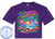 The image displays a vibrant graphic design printed on a purple t-shirt. The graphic depicts a tropical beach scene associated with a cruise vacation. The design is centered on the chest of the t-shirt.

The scene features a sandy beach with turquoise blue water and gentle waves. A large white cruise ship is prominently sailing on the ocean. The sky above is a colorful gradient of orange, pink, and yellow, suggesting a sunset or sunrise. Two palm trees frame the scene on either side, their fronds depicted in shades of green and yellow.

In the foreground, a lounge chair is placed on the sand, adorned with a straw hat, a bright pink hibiscus flower, and a tropical drink with a straw and umbrella. Nearby, a pair of flip-flops and a starfish rest on the sand.

The text within the graphic reads "Spring Break" in a large, stylized font that transitions through various bright colors like pink, yellow, blue, and green. Below this, the word "Cruise" is written in a similar, bold, colorful font, predominantly in pink and yellow hues. The overall effect of the text is energetic and festive.

The composition places the text and the scenic elements in a harmonious arrangement, with the cruise ship as a focal point on the right side of the image. The colors are saturated and tropical, emphasizing a feeling of relaxation and vacation. The t-shirt itself is a deep purple color, which makes the bright colors of the graphic pop.

In the lower left corner of the t-shirt, there is a circular logo that reads "CUSTOM CRUISE WEAR" around the top edge, and "APPAREL, BANNERS & GIFTS" along the bottom curved edge. The center of this logo features a stylized anchor within a circle, and below it the website address "www.CustomCruiseWear.com". This logo appears to be a watermark or branding element.

Subtle details include the reflections of the palm trees in the water, the foam on the waves, and the shadows cast by the lounge chair and flip-flops. The graphic has a slightly retro, airbrushed quality to its coloring and shading.