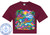 The image is a graphic design printed on a maroon t-shirt. The design depicts a vibrant tropical beach scene. Dominating the center of the design is the text "Back to Back Cruise" in large, colorful, gradient lettering that shimmers. The letters are outlined in a thick, glossy black line.

The scene itself is rich with detail. In the background, a large white cruise ship sails on the ocean. The sky above is a dramatic sunset with swirling clouds in shades of orange, yellow, pink, and purple. Several silhouetted birds are flying across the sky.

In the foreground, a sandy beach is depicted, complete with palm trees on either side. The palm fronds are stylized with rainbow-like colors, blending green, blue, yellow, and pink. Scattered on the sand are various beach accessories. These include a pair of brightly colored, rainbow-striped flip-flops, a pair of sunglasses reflecting a tropical sunset, a vibrant cocktail with a slice of orange and a pink umbrella, a starfish, and a seashell. Tropical flowers, in pink and red hues, are also interspersed among the scene.

The composition is framed by the elements of the beach, creating a sense of immersion in the tropical environment. The colors are highly saturated and evoke a feeling of fun, vacation, and relaxation. A circular logo with an anchor and the text "CUSTOM CRUISE WEAR Apparel, Banners & Gifts" is visible in the lower left corner of the t-shirt, outside the main graphic. The overall impression is a lively and cheerful advertisement for cruise vacations.