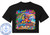 The image is a graphic design printed on a black t-shirt. The design features a tropical beach scene with two parrots, a cruise ship, and text.

The main focus of the design is two macaws, one blue and yellow, the other red and green, sitting in lounge chairs on a sandy beach. They are both wearing Hawaiian shirts and sunglasses. The male parrot, on the left, has a straw hat and is holding a cocktail with a slice of lime and an umbrella. The female parrot, on the right, has a flower in her ear and is holding a pink cocktail with a straw and a small umbrella. They are positioned close together, suggesting they are a couple.

Behind the parrots, the beach slopes down to the ocean. Palm trees with green fronds and brown trunks are visible, and a bright yellow sun is setting over the water, casting a warm glow. A large white cruise ship is sailing on the ocean in the distance. The water has gentle waves with whitecaps, and the sky is a gradient of orange, pink, and purple, indicating sunset.

Below the parrots and lounge chairs, there is a wooden sign with a rope border that reads "Cruising Partners For Life" in decorative lettering. The words "Cruising Partners" are in a colorful, bubbly font with a rainbow gradient, while "For Life" is in a smaller, handwritten-style font, with small pink hearts on either side.

The foreground of the design is a sandy beach decorated with various beach-themed items. These include two large blue anchors with rope, a pink and a yellow hibiscus flower, a pink seashell, a starfish, and a pair of colorful rainbow flip-flops. Two pairs of heart-shaped sunglasses with blue lenses are also placed on the sand.

On the left side of the t-shirt, outside of the main graphic, there is a circular emblem. This emblem is light blue and features an anchor in the center, surrounded by text that reads "CUSTOM CRUISE WEAR" in an arc at the top and "APPAREL, BANNERS & GIFTS" in an arc at the bottom, with small stars separating the words. The website "www.CustomCruiseWear.com" is also present within the emblem.

The overall color palette is vibrant and tropical, with bright blues, greens, yellows, oranges, pinks, and reds dominating the scene. The design has a playful and romantic theme, celebrating a couple's cruising partnership. The composition is layered, with the parrots and chairs in the mid-ground, the beach and decorative elements in the foreground, and the ocean, cruise ship, and sunset in the background.