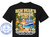 The image is a design for a black t-shirt featuring a New Year's Cruise theme. The design is centered on the chest of the shirt.

The top of the design prominently displays the text "NEW YEAR'S" in large, glittery gold capital letters with a subtle drop shadow. Below this, in even larger, bolder, glittery gold capital letters, is the word "CRUISE."

Below "CRUISE," the year "2027" is depicted in metallic gold balloon-like numbers.

The background of the design showcases a vibrant beach scene at sunset or sunrise. The sky is a gradient of warm colors, transitioning from a bright yellow-orange near the horizon to a deeper blue at the top. Fireworks are bursting in the sky, adding a celebratory element. A large cruise ship is visible sailing on the ocean in the mid-ground, its lights reflecting on the water.

In the foreground, a tropical beach setting is depicted. To the left and right, there are lush green palm trees with golden fronds. In the center of the beach, there is a striped beach chair with a golden towel draped over it. Next to the chair is a beach bag with a nautical anchor emblem and a striped pattern. Two champagne flutes, filled with a golden liquid and bubbles, are placed on the sand, along with a silver ice bucket containing a bottle of champagne. Several seashells and disco balls are scattered on the sand. Tropical flowers, appearing to be hibiscus, with white petals and yellow centers, are placed on either side of the beach scene.

The design is further embellished with gold and black balloons tied with gold ribbons, interspersed with sparkling gold streamers, particularly on the left and right sides, framing the central imagery.

Below the beach scene, there is white text with a subtle drop shadow. The main line reads "SAILING ON THE SHIP NAME" in large, bold capital letters. Below this, two smaller lines of text read "YOUR PORTS - LISTED - HERE" and "YOUR SAIL DATES HERE." There are also numerous semi-transparent copyright watermarks across the design.

On the lower left side of the t-shirt, there is a circular logo for "CUSTOM CRUISE WEAR." This logo features a blue anchor in the center, surrounded by text that reads "CUSTOM CRUISE WEAR" in an arc, and "APPAREL, BANNERS & GIFTS" in a lower arc. The website "www.CustomCruiseWear.com" is also present within the logo.

The overall color palette is rich and festive, with a strong emphasis on gold and warm sunset hues, contrasted with the black of the t-shirt. The composition is layered, creating depth and drawing the viewer's eye from the text at the top to the detailed scene below.