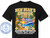 The image is a graphic design printed on a black t-shirt, likely for a New Year's cruise. The design is centered on the chest of the shirt and depicts a vibrant tropical scene.

At the top, large, glittery gold letters spell out "NEW YEAR'S CRUISE 2027". Below this, a large cruise ship is prominently featured sailing on the ocean. The ship is white with blue accents and is positioned in the middle ground.

The foreground of the scene is a tropical beach. A striped lounge chair with a draped towel sits on the sand, facing the ocean. Next to the chair are two champagne glasses filled with a golden liquid, a silver ice bucket with a bottle of champagne, and a disco ball. Two large white hibiscus flowers with yellow centers flank the beach scene, one on each side. Palm trees with lush green fronds are visible behind the beach and around the cruise ship.

The sky above the ship is filled with colorful fireworks in shades of yellow, orange, blue, and white, suggesting a celebration. The overall color palette is bright and festive, with gold, blue, green, white, and splashes of vibrant sunset colors from the fireworks and ocean.

The bottom of the design contains text. The main phrase is "SAILING ON THE DREAM" in large, bold white letters. Below this, smaller white text reads "GALVESTON - BELIZE - COZUMEL" and then the dates "December 27, 2026 - January 2, 2027". There is also a placeholder for "Name Here" in white text near the cruise ship.

Around the main design, scattered golden ribbons and balloons in gold, black, and silver add to the celebratory theme. The graphic is bordered on the left by a circular logo for "CUSTOM CRUISE WEAR" with an anchor symbol and website address. The entire design is rendered with a semi-realistic, illustrated style. Numerous faint, repeating watermark-like text elements reading "COPYRIGHT DO NOT COPY CUSTOM CRUISE WEAR" are visible throughout the design, intended to protect the artwork. The black fabric of the t-shirt provides a stark contrast to the colorful and bright design.