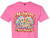 The image shows a pink t-shirt with a colorful graphic printed on it. The graphic is centered on the chest area of the t-shirt and features the text "Mahjong" in large, stylized, golden lettering at the top. Below this, the text "With Mahgirls" is written in similar golden lettering.

The design is elaborate and whimsical, incorporating many elements related to the game of Mahjong and a festive, playful aesthetic. Several Mahjong tiles are arranged in a fan shape, with some tiles facing forward and others angled. These tiles depict various symbols commonly found in Mahjong, such as bamboo stalks, characters, red dragons, green dragons, and floral motifs like peonies and cranes.

Surrounding the Mahjong tiles and text are numerous decorative elements. There are stylized clouds in pastel blues and purples, sparkling stars in yellow and gold, and an abundance of pink flowers, possibly cherry blossoms or lotus flowers. Intertwined with these are colorful rainbow ribbons and bows, as well as heart shapes in various shades of pink, purple, and blue. The overall color palette is vibrant and cheerful, dominated by pink, gold, blue, green, red, and rainbow hues.

The composition is radial, emanating from the center where the Mahjong tiles are displayed. The text elements are prominent and framed by the decorative motifs, creating a cohesive and eye-catching design. The overall style is illustrative and somewhat retro, with a glossy, almost three-dimensional appearance to the lettering and some of the decorative elements. There are also subtle watermark-like text overlays on the t-shirt, indicating copyright information. The t-shirt itself is a plain pink crew-neck with short sleeves.